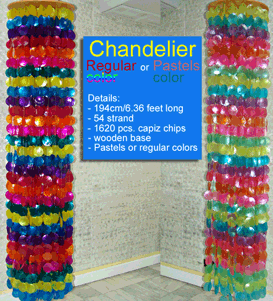 Wooden round base colored pastels or regular colors hanging chandelier in 60mm round capiz chips. Available in any colors, size and design.