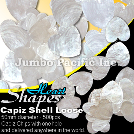 Natural white capiz chips 50mm diameter in Heart shapes with hole or without hole. Available in any colors and shapes.