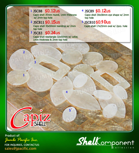 Capiz chips 50mm diameter in round, teardrops, rectangular, eye-shape and oval shapes with one hole. Available in any colors and shapes.